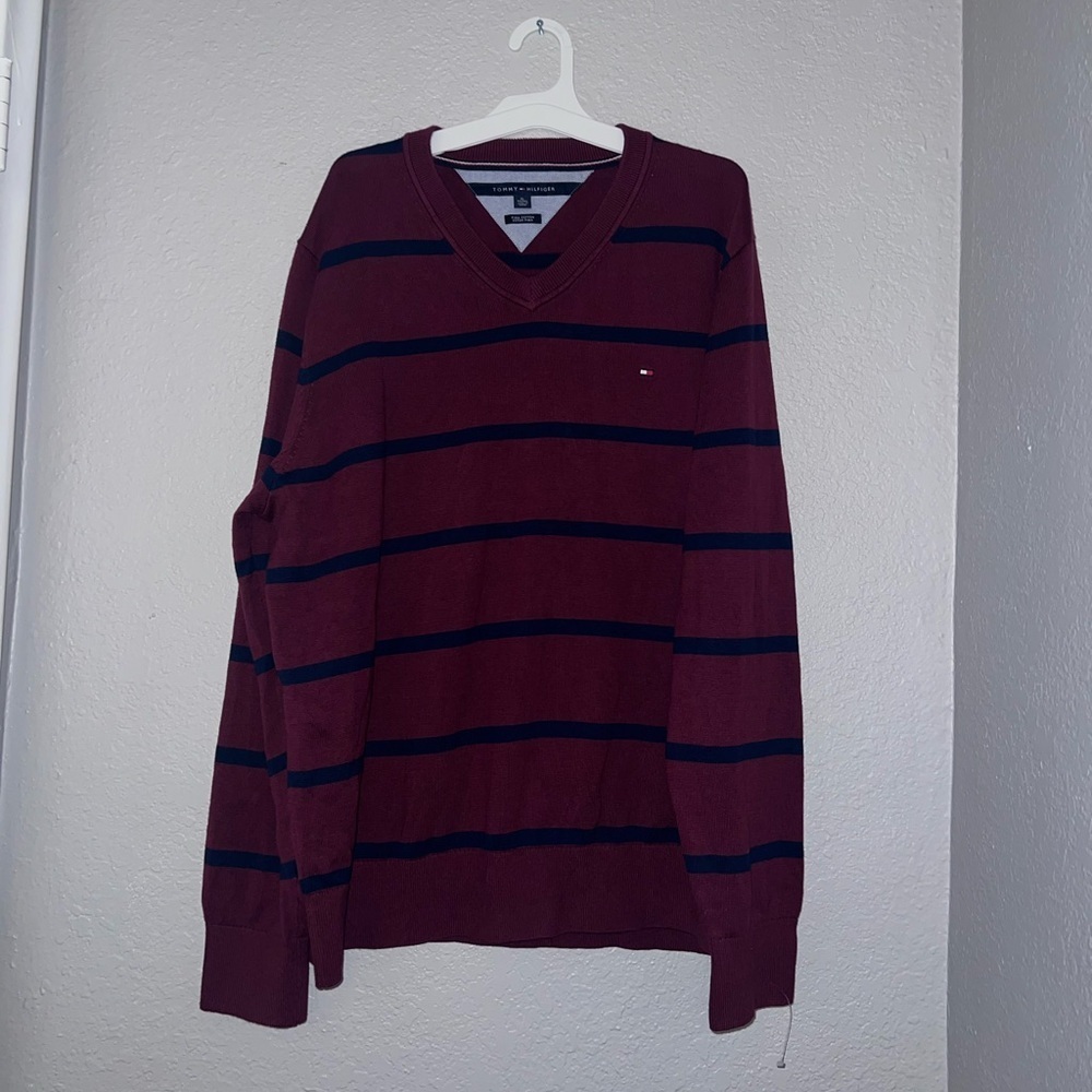 Tommy Hilfiger Women Pima Cotton Maroon Red Long Sleeve Sweater V-Neck Stripe